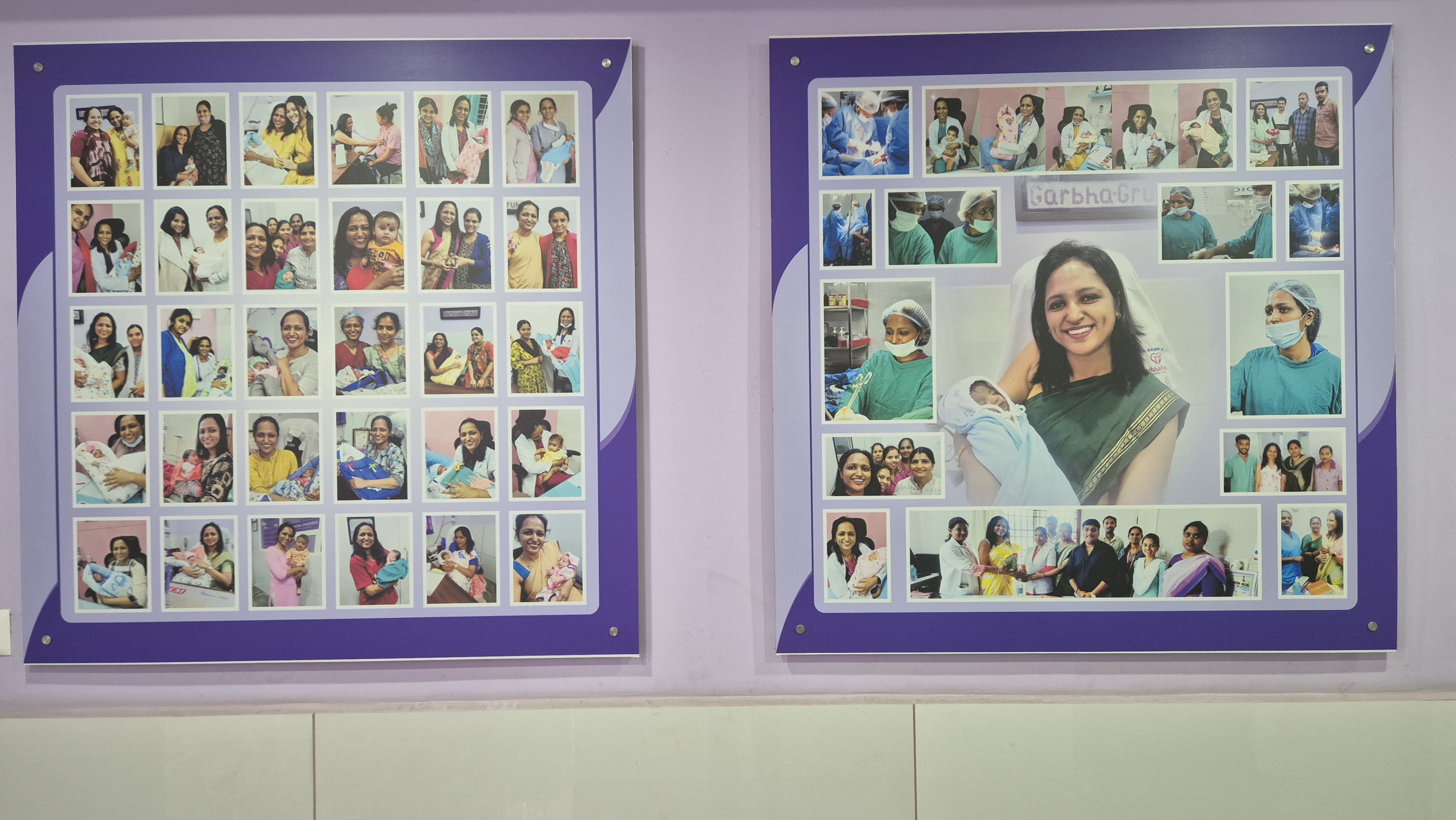 Photo collage boards on the GarbhaGruha Health Center clinic wall โ showing hundreds of patient families and newborns