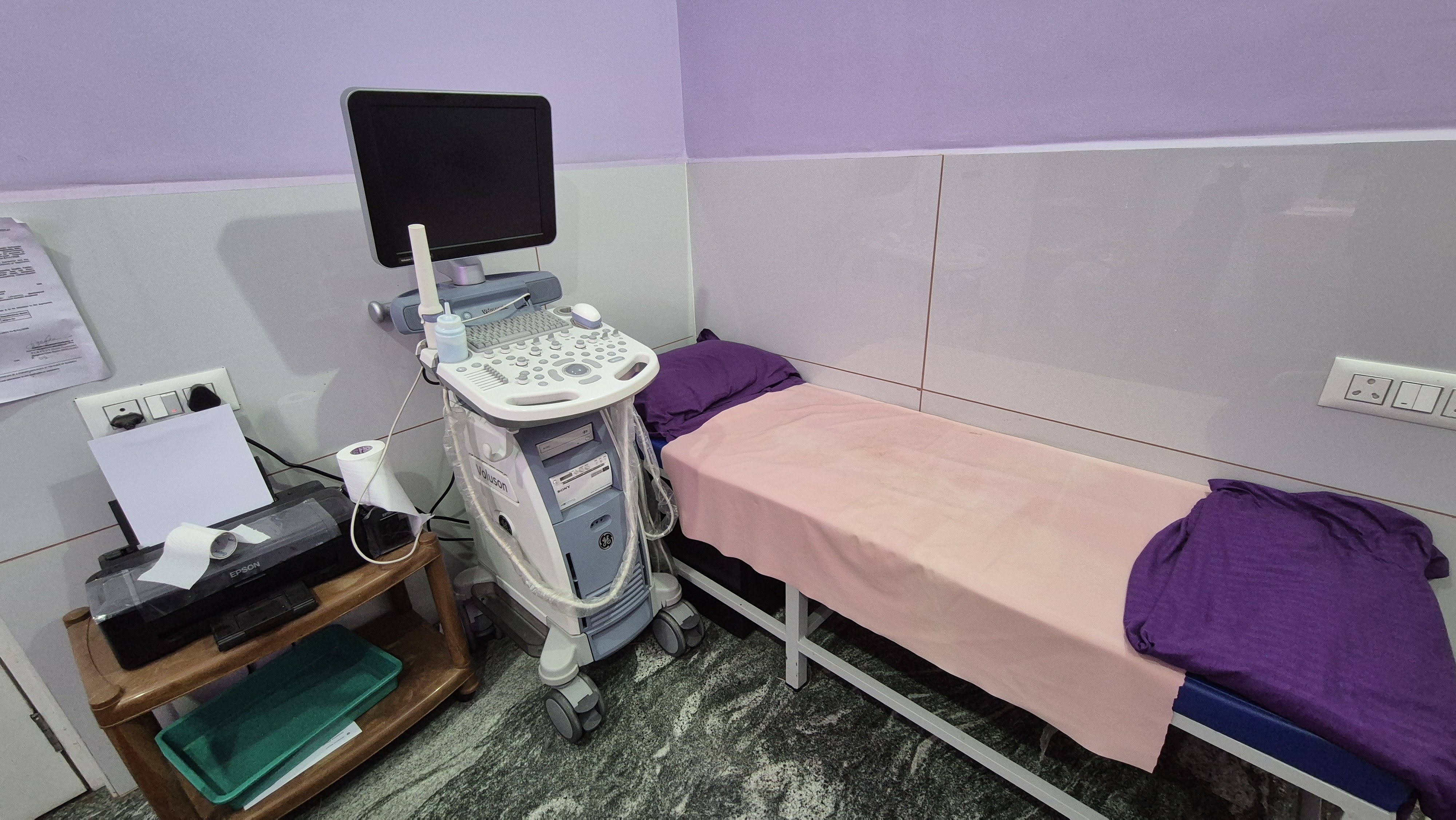 GE Voluson ultrasound scan room at GarbhaGruha Health Center Bangalore — used for fertility monitoring